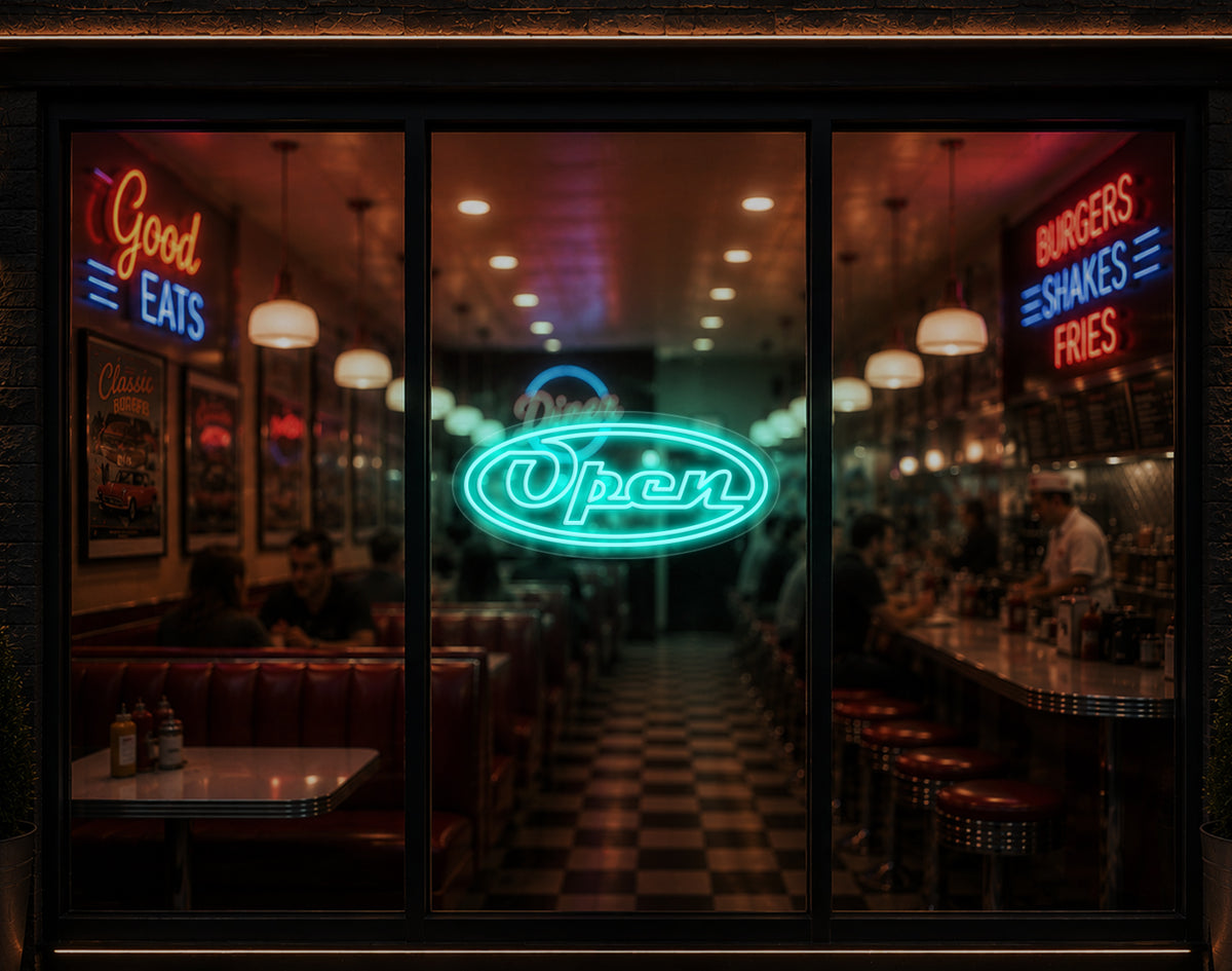 Diner Script Badge Open LED Neon Sign - Turquoise