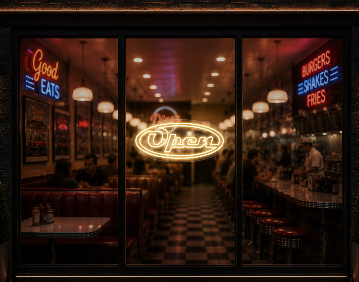 Diner Script Badge Open LED Neon Sign - Warm White