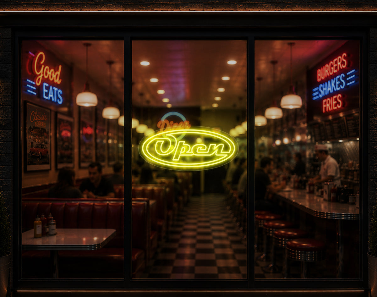 Diner Script Badge Open LED Neon Sign - Yellow