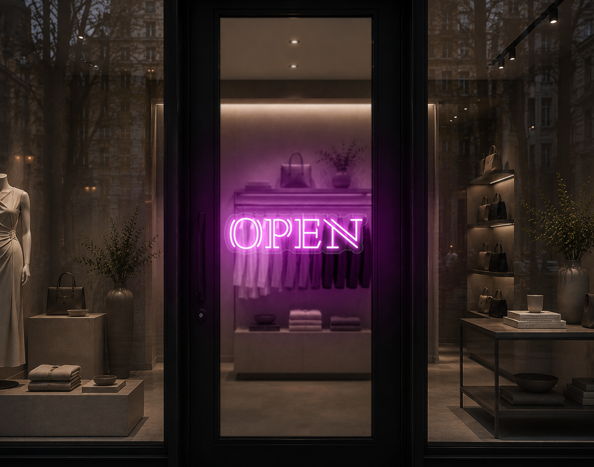 Double Stem Serif Type Open LED Neon Sign - Bubblegum Pink