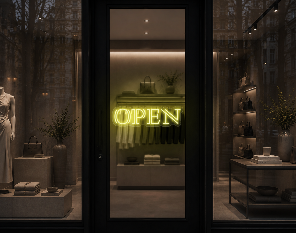 Double Stem Serif Type Open LED Neon Sign - Buttercup Yellow
