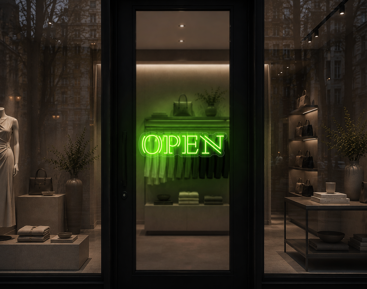 Double Stem Serif Type Open LED Neon Sign - Lime