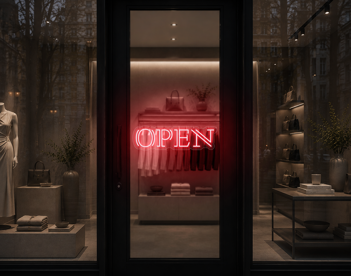 Double Stem Serif Type Open LED Neon Sign - Petal Pink