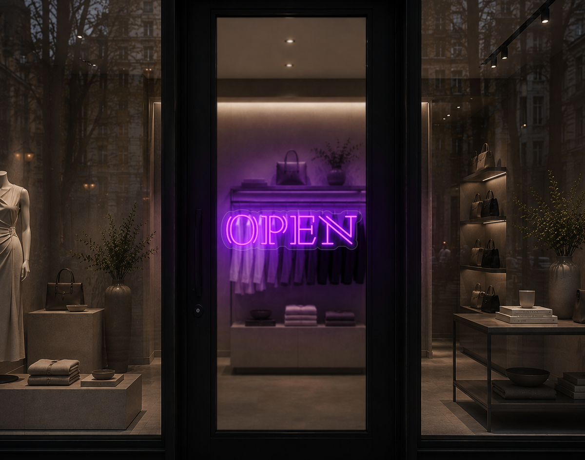 Double Stem Serif Type Open LED Neon Sign - Purple