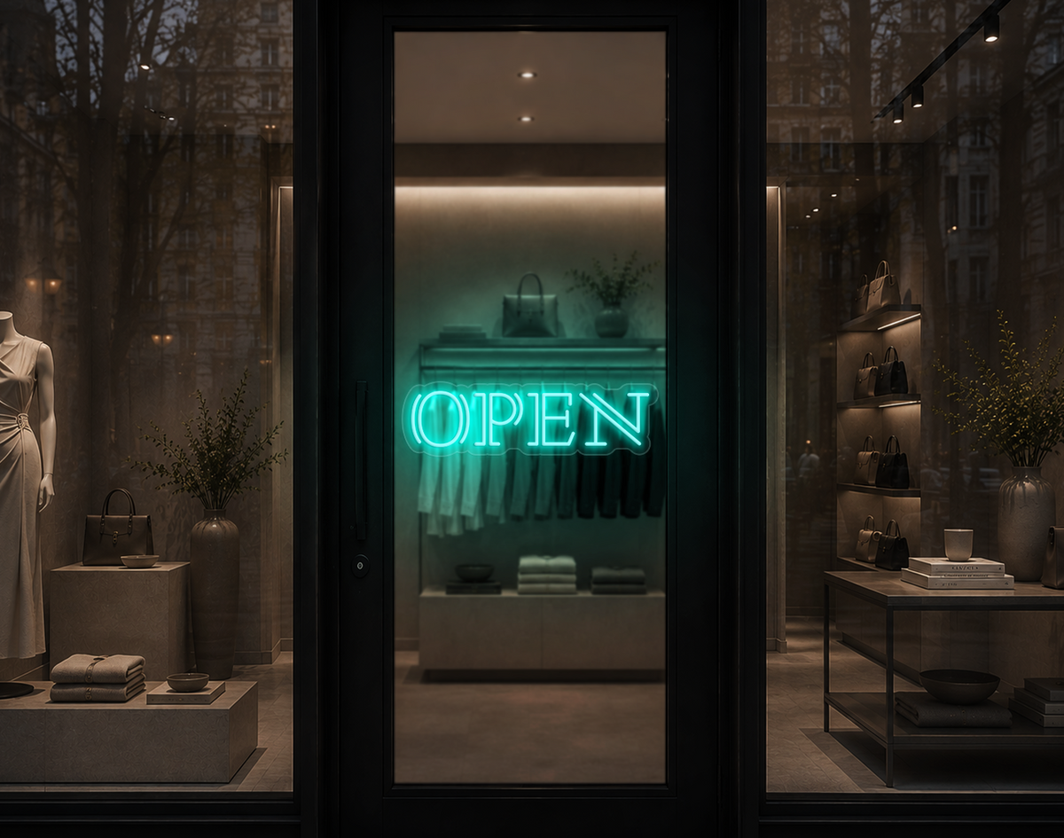 Double Stem Serif Type Open LED Neon Sign - Turquoise
