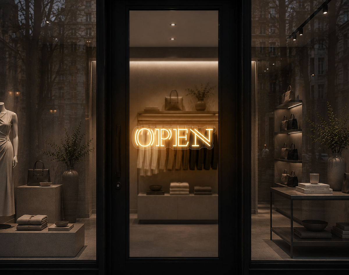 Double Stem Serif Type Open LED Neon Sign - Warm White
