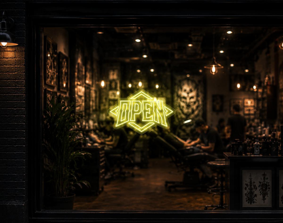 Edgy Diamond Badge Open LED Neon Sign - Buttercup Yellow