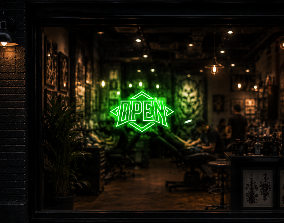 Edgy Diamond Badge Open LED Neon Sign - Green