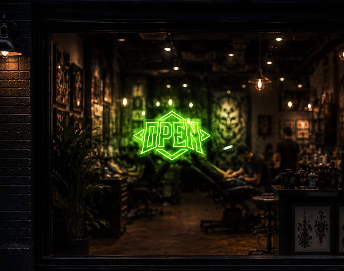Edgy Diamond Badge Open LED Neon Sign - Lime