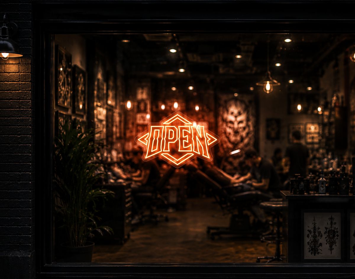 Edgy Diamond Badge Open LED Neon Sign - Peach Orange