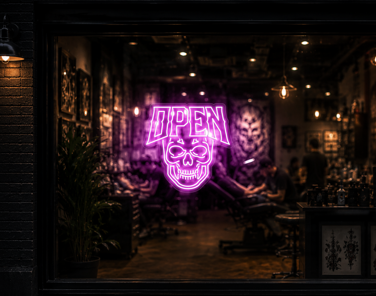 Edgy Skull Open LED Neon Sign - Bubblegum Pink