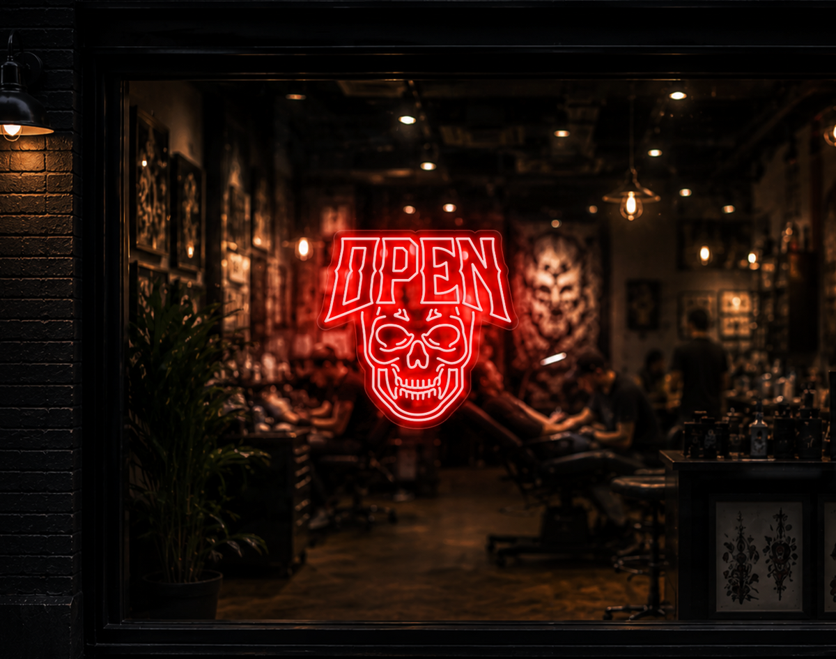 Edgy Skull Open LED Neon Sign - Coral Orange