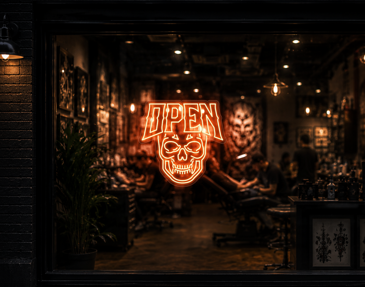 Edgy Skull Open LED Neon Sign - Peach Orange