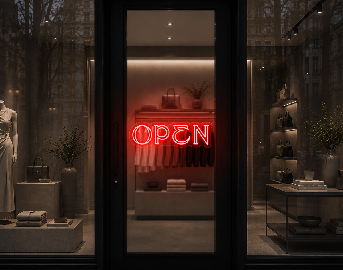 Elegant Serif Open LED Neon Sign - Coral Orange