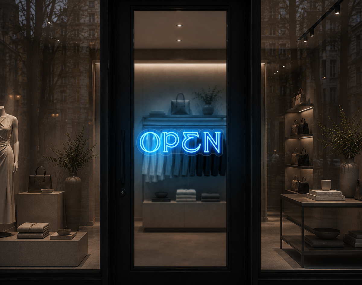 Elegant Serif Open LED Neon Sign - Light Blue