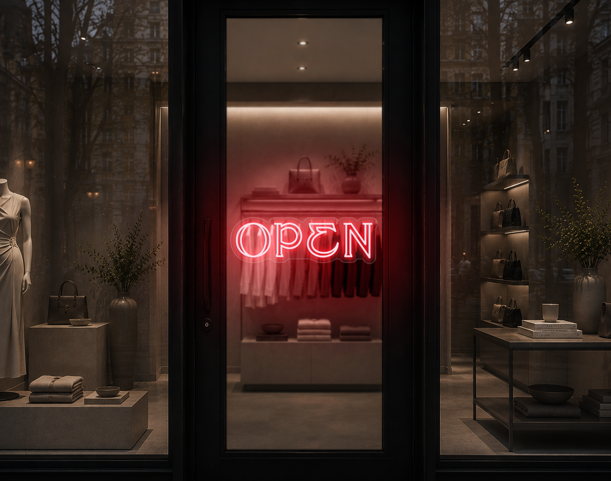 Elegant Serif Open LED Neon Sign - Petal Pink