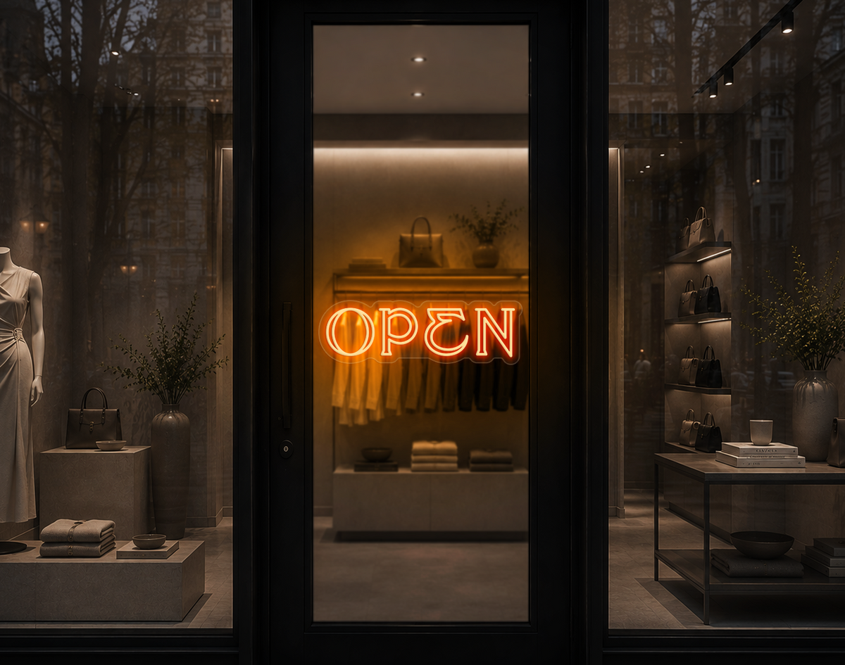 Elegant Serif Open LED Neon Sign - Sunset Orange