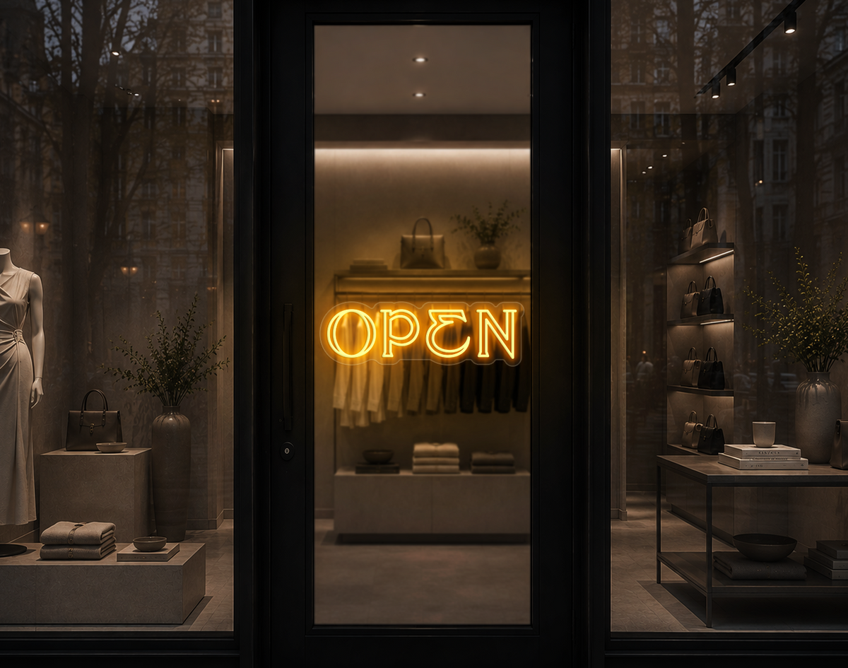 Elegant Serif Open LED Neon Sign - Sunset Yellow