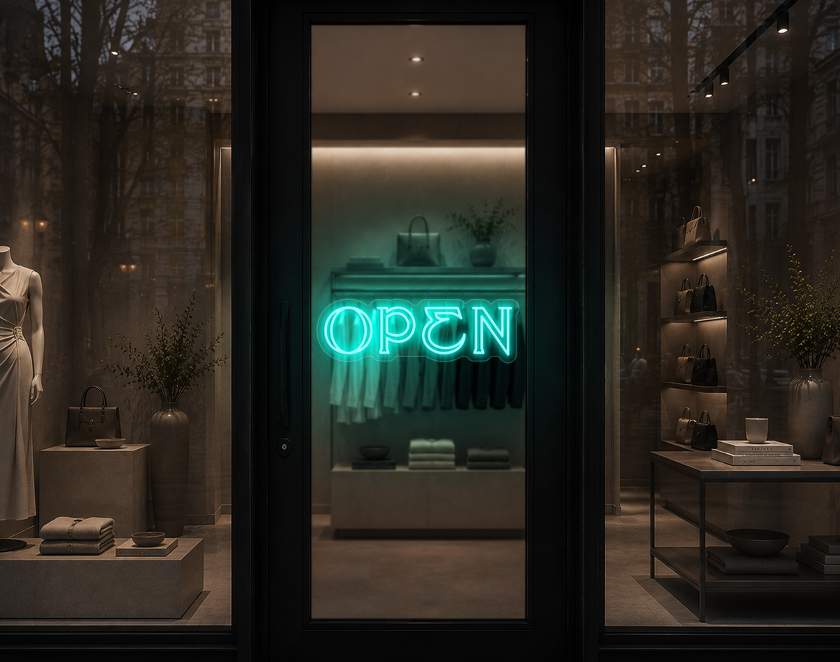 Elegant Serif Open LED Neon Sign - Turquoise