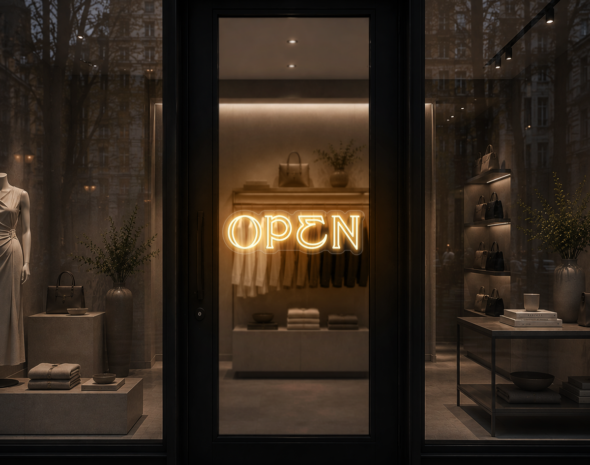 Elegant Serif Open LED Neon Sign - Warm White
