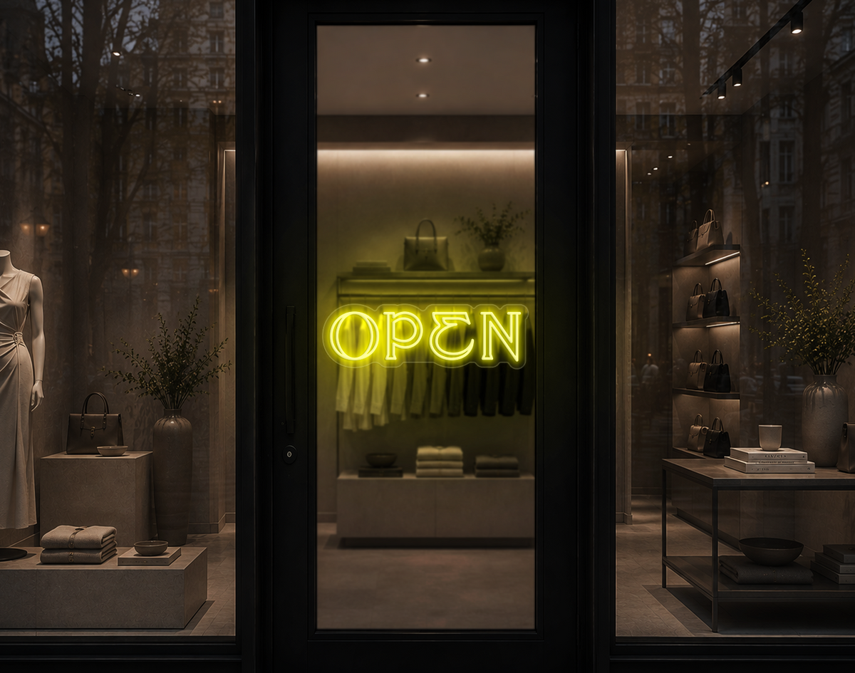 Elegant Serif Open LED Neon Sign - Yellow