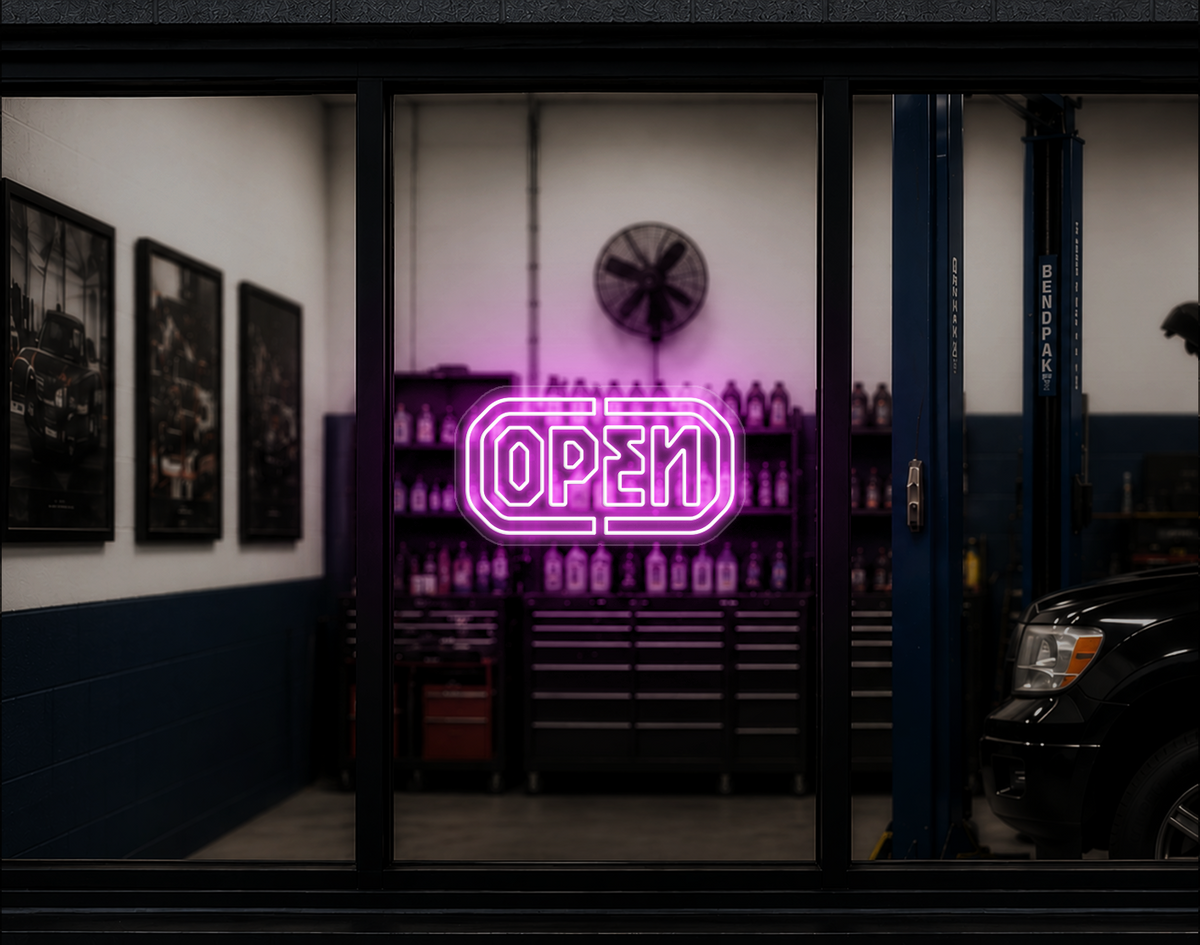 Industrial Badge Open LED Neon Sign - Bubblegum Pink