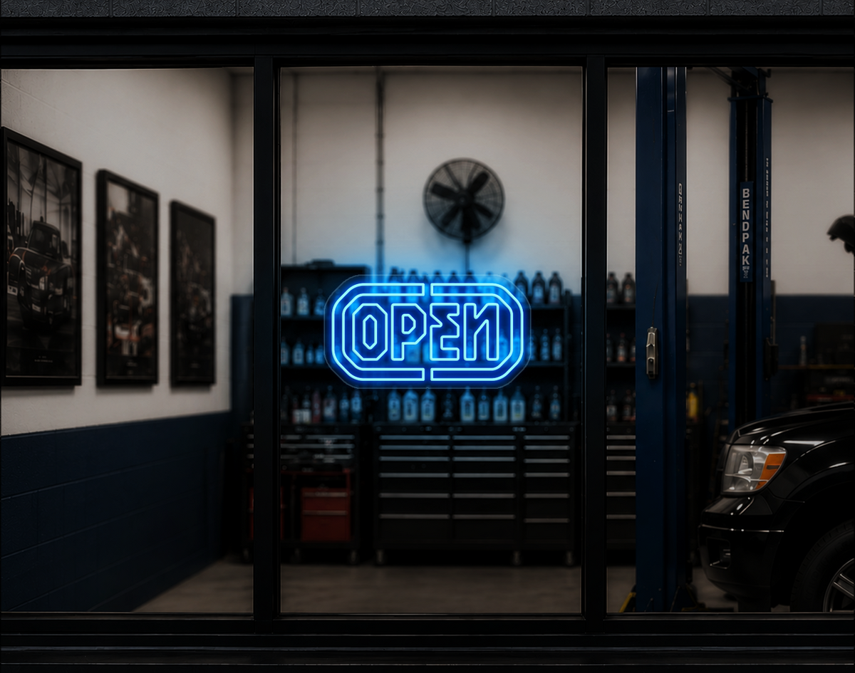 Industrial Badge Open LED Neon Sign - Light Blue
