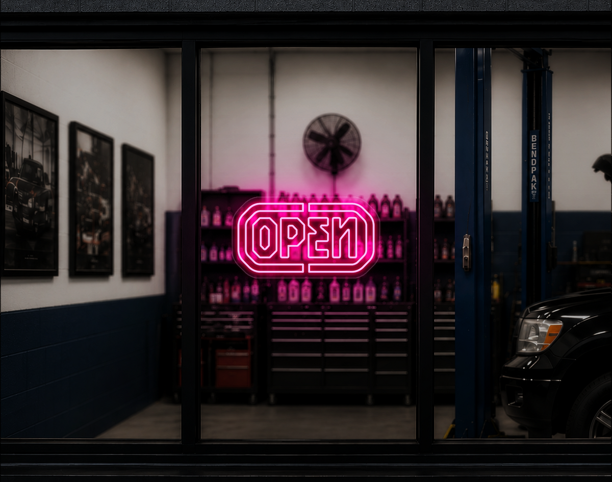 Industrial Badge Open LED Neon Sign - Light Pink