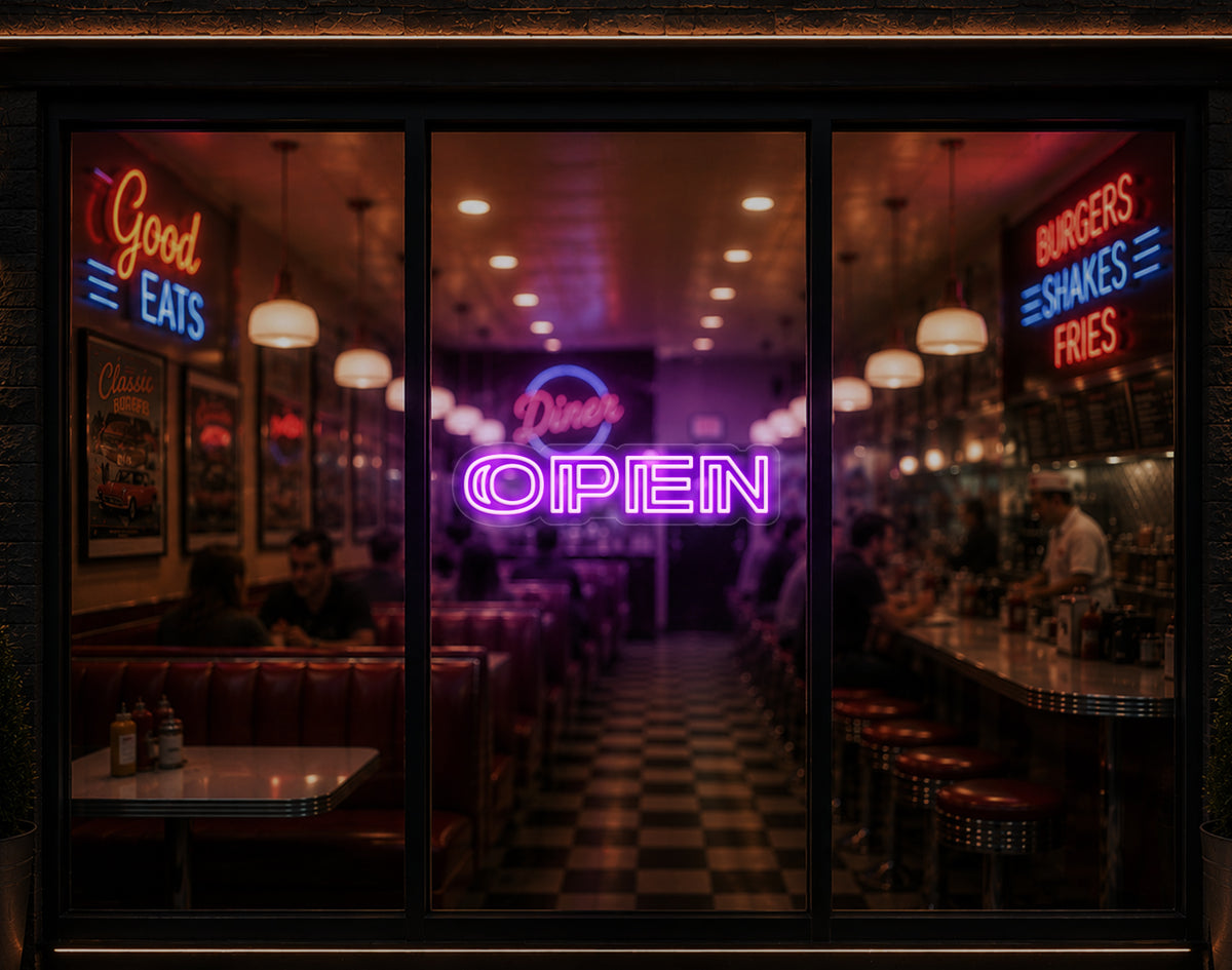 Minimal Double Stem Sans-Serif Open LED Neon Sign - Lilac Purple