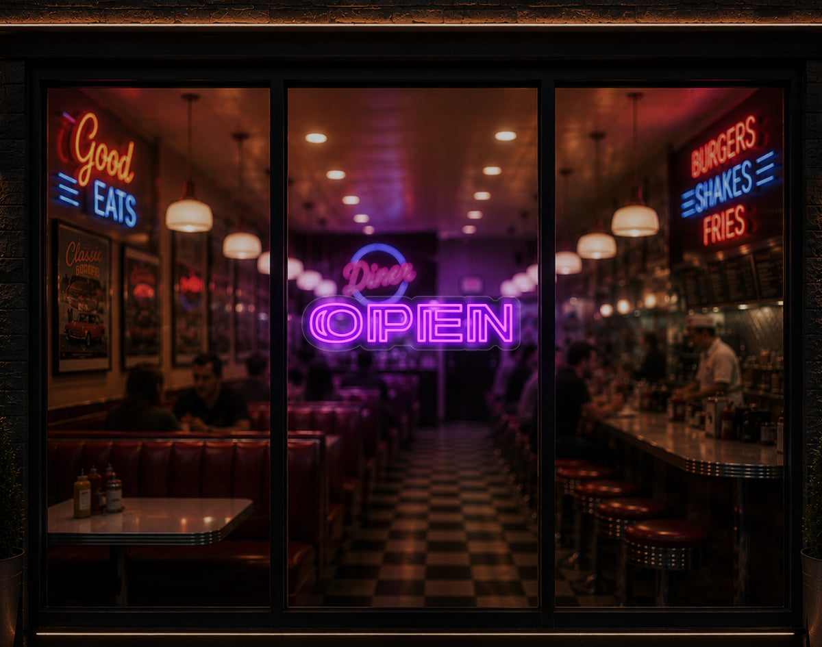 Minimal Double Stem Sans-Serif Open LED Neon Sign - Purple
