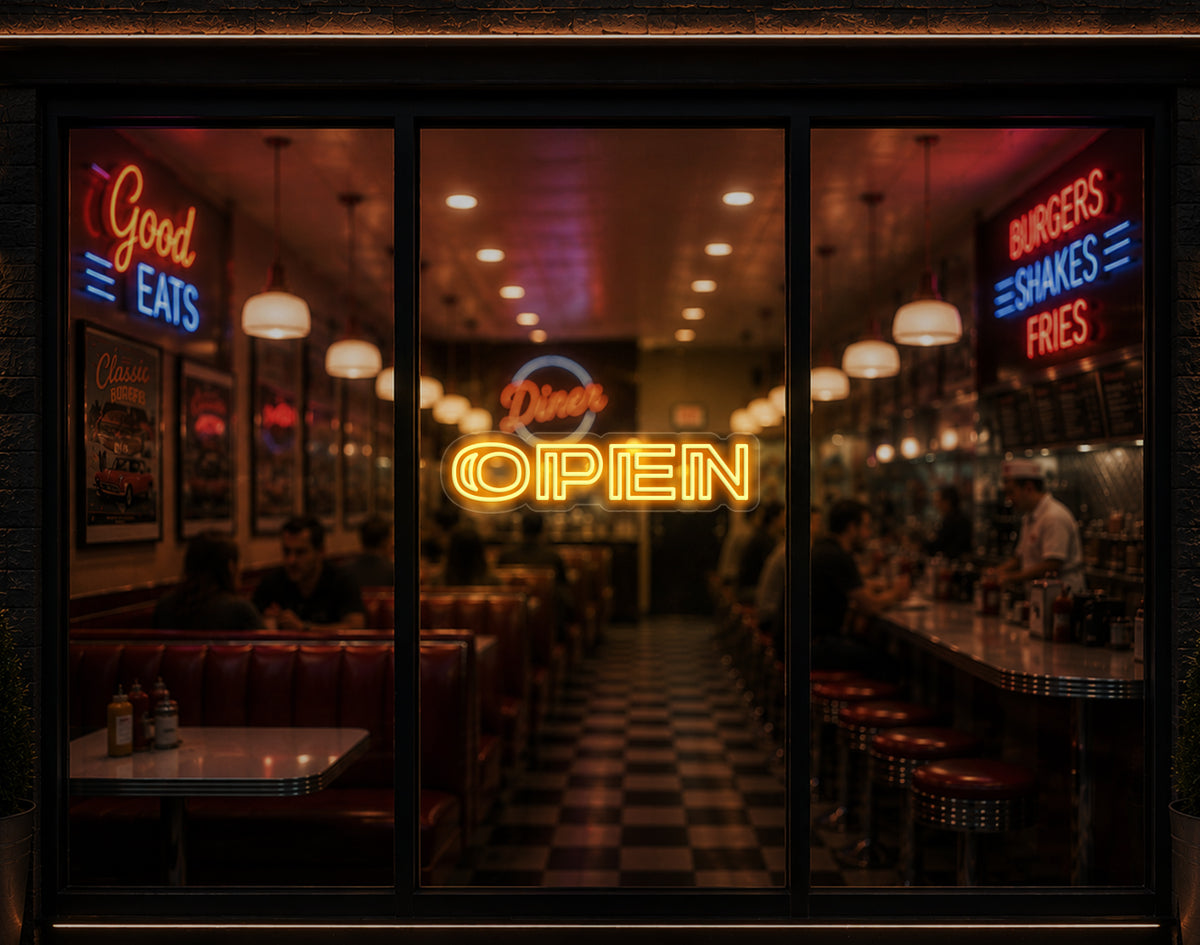 Minimal Double Stem Sans-Serif Open LED Neon Sign - Sunset Yellow