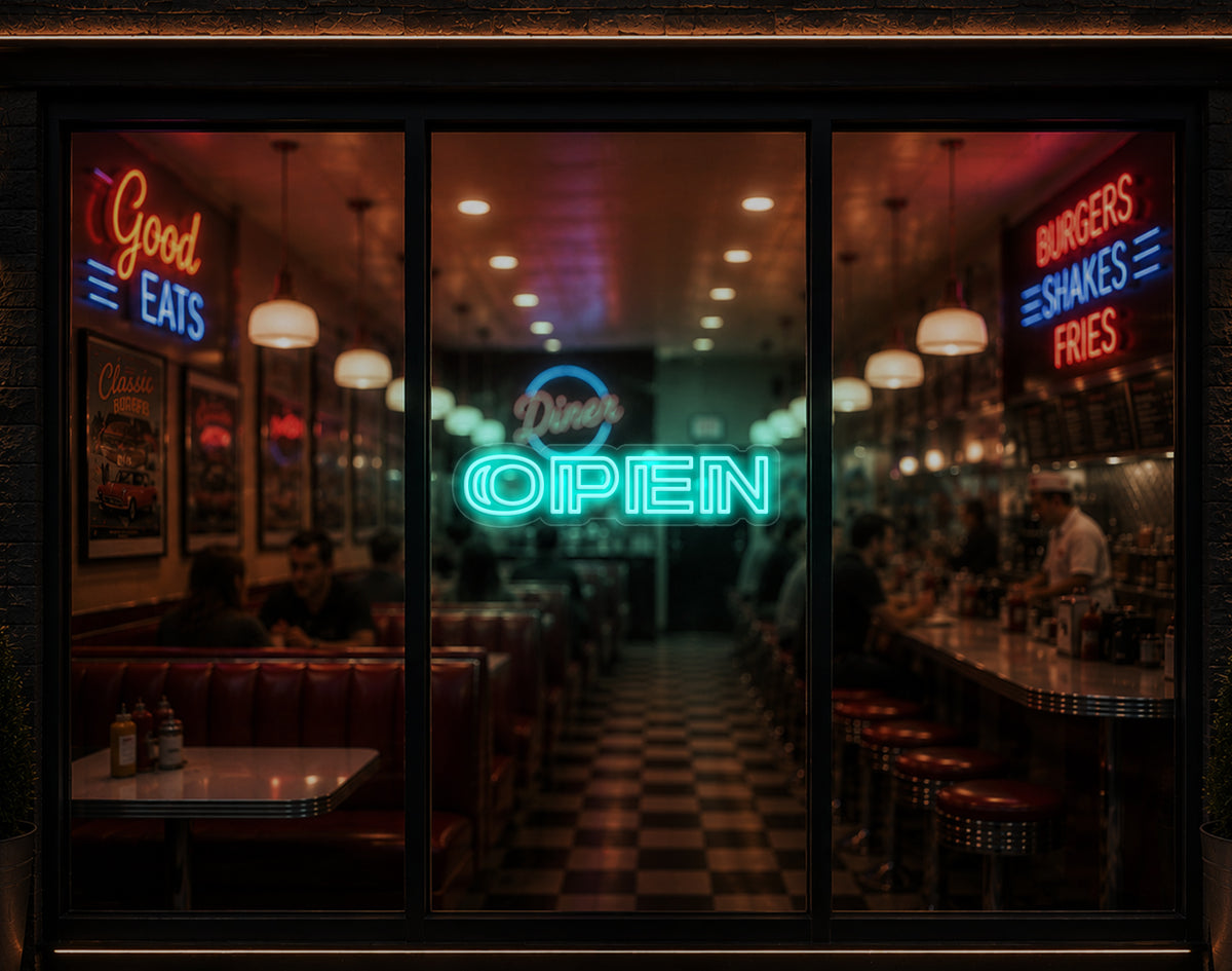 Minimal Double Stem Sans-Serif Open LED Neon Sign - Turquoise