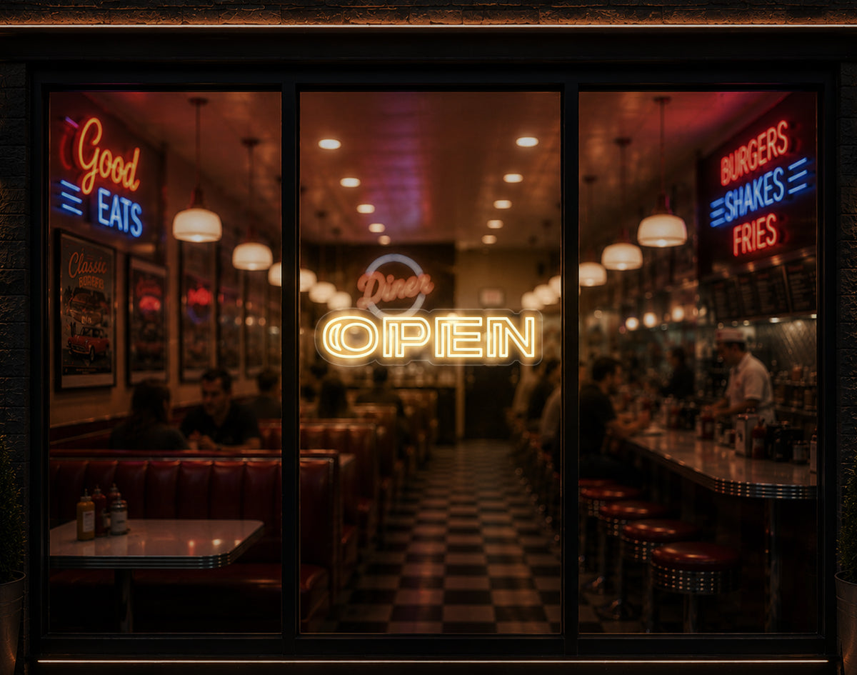 Minimal Double Stem Sans-Serif Open LED Neon Sign - Warm White