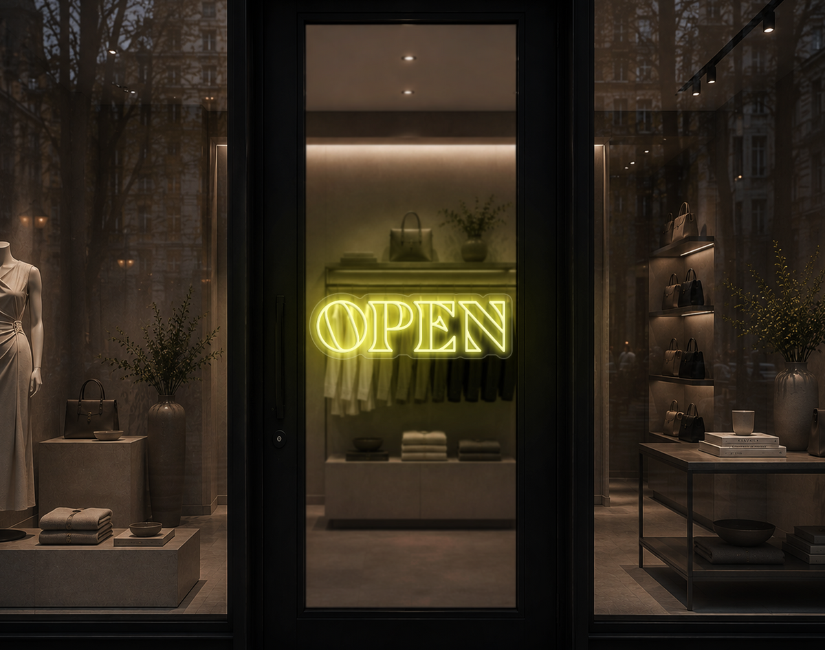 Minimal Wide Serif Open LED Neon Sign - Buttercup Yellow
