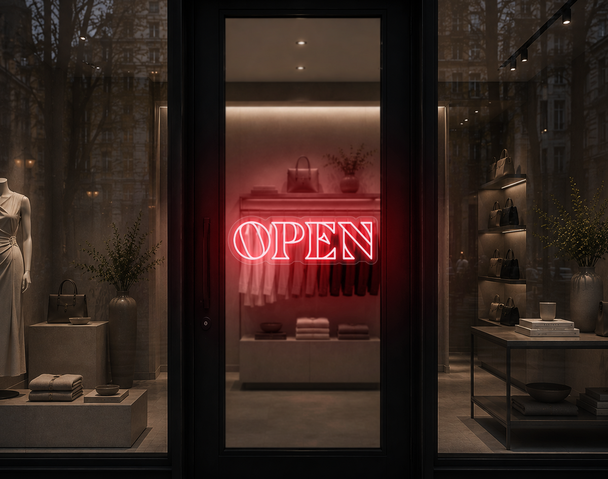 Minimal Wide Serif Open LED Neon Sign - Petal Pink