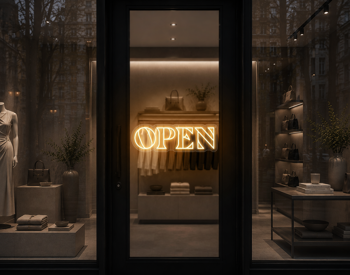 Minimal Wide Serif Open LED Neon Sign - Warm White