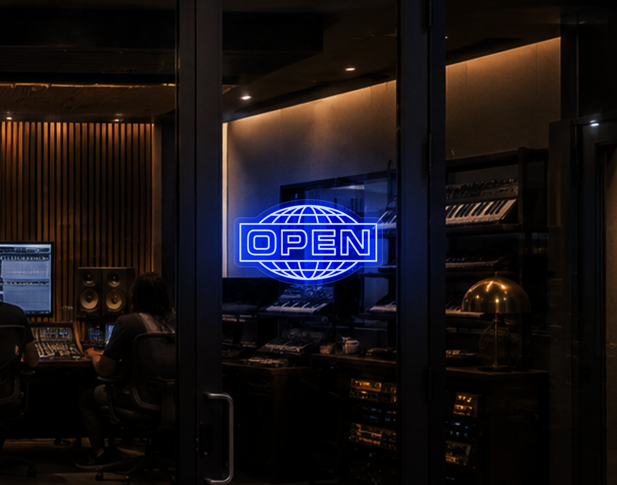 Modern Globe Badge Open LED Neon Sign - Baby Blue
