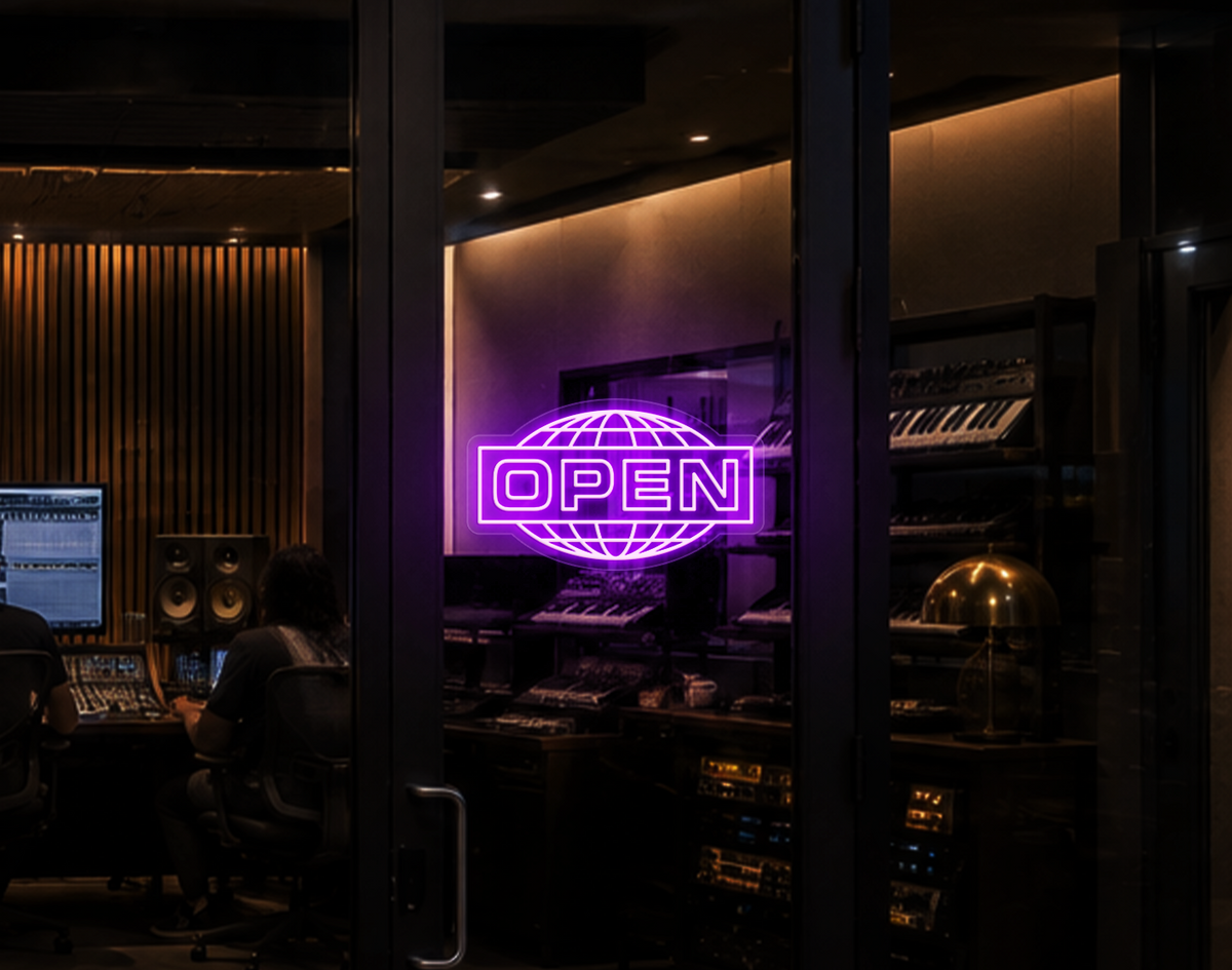 Modern Globe Badge Open LED Neon Sign - Lilac Purple