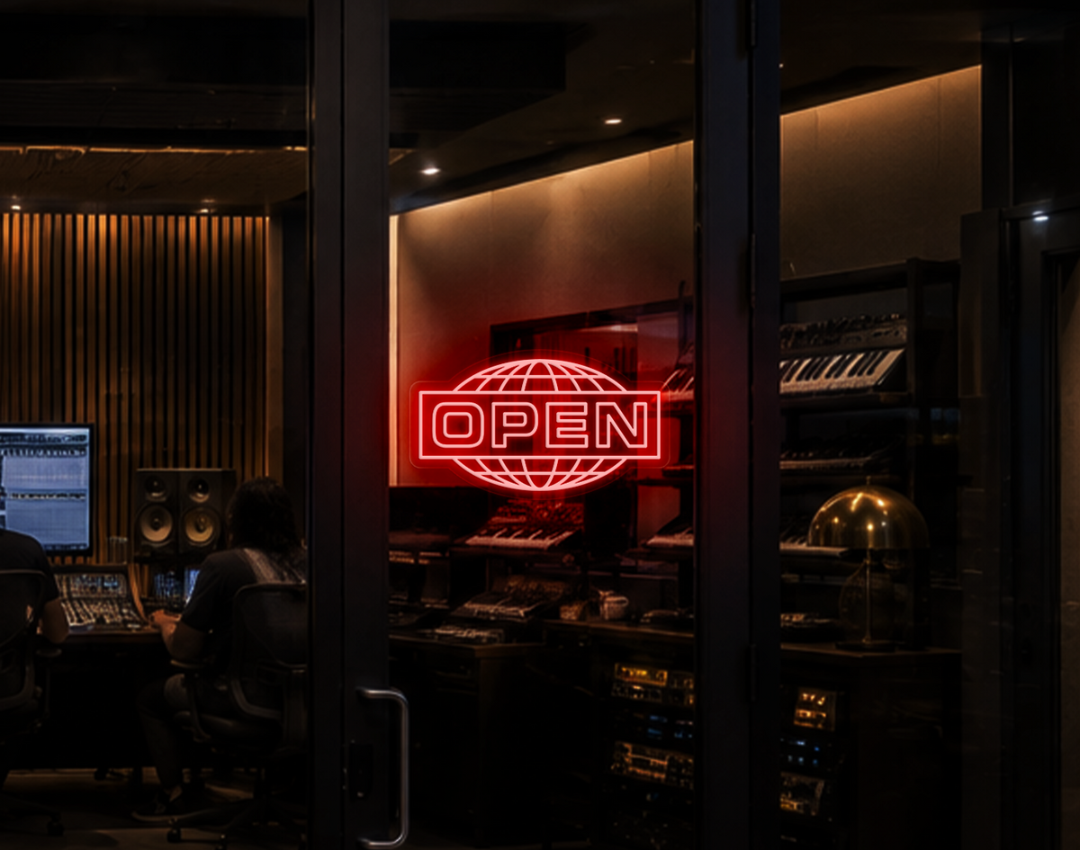 Modern Globe Badge Open LED Neon Sign - Red