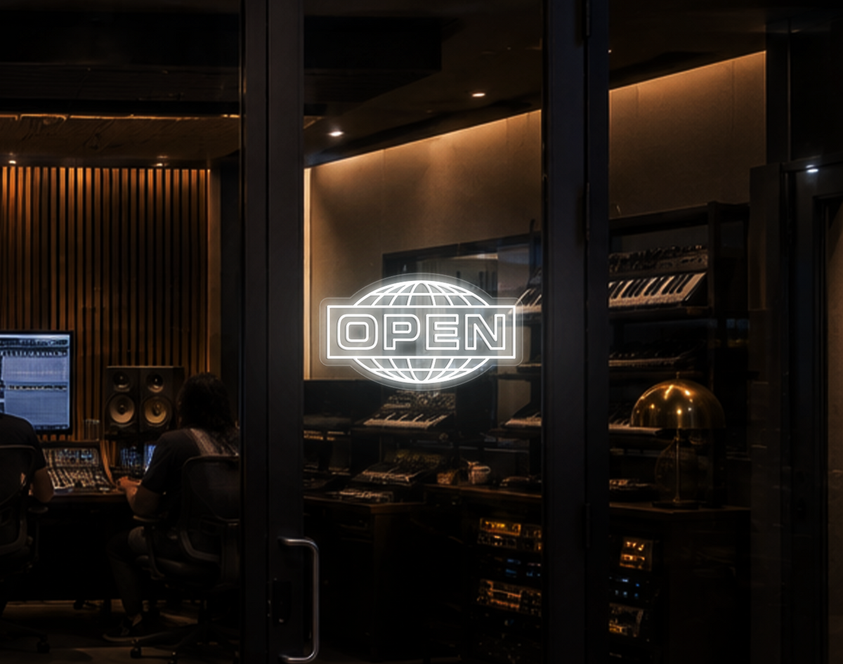 Modern Globe Badge Open LED Neon Sign - White