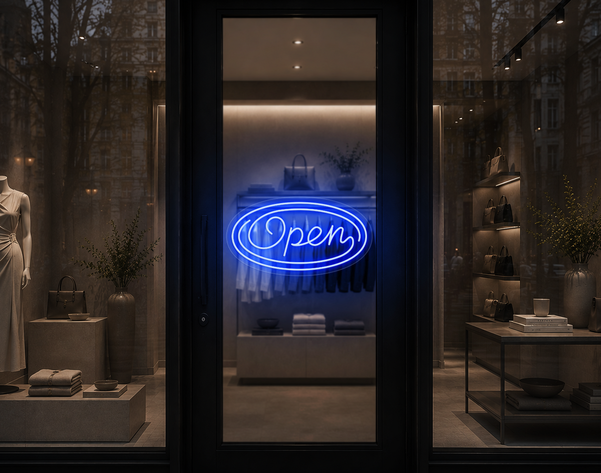 Monoline Script Badge Open LED Neon Sign - Baby Blue