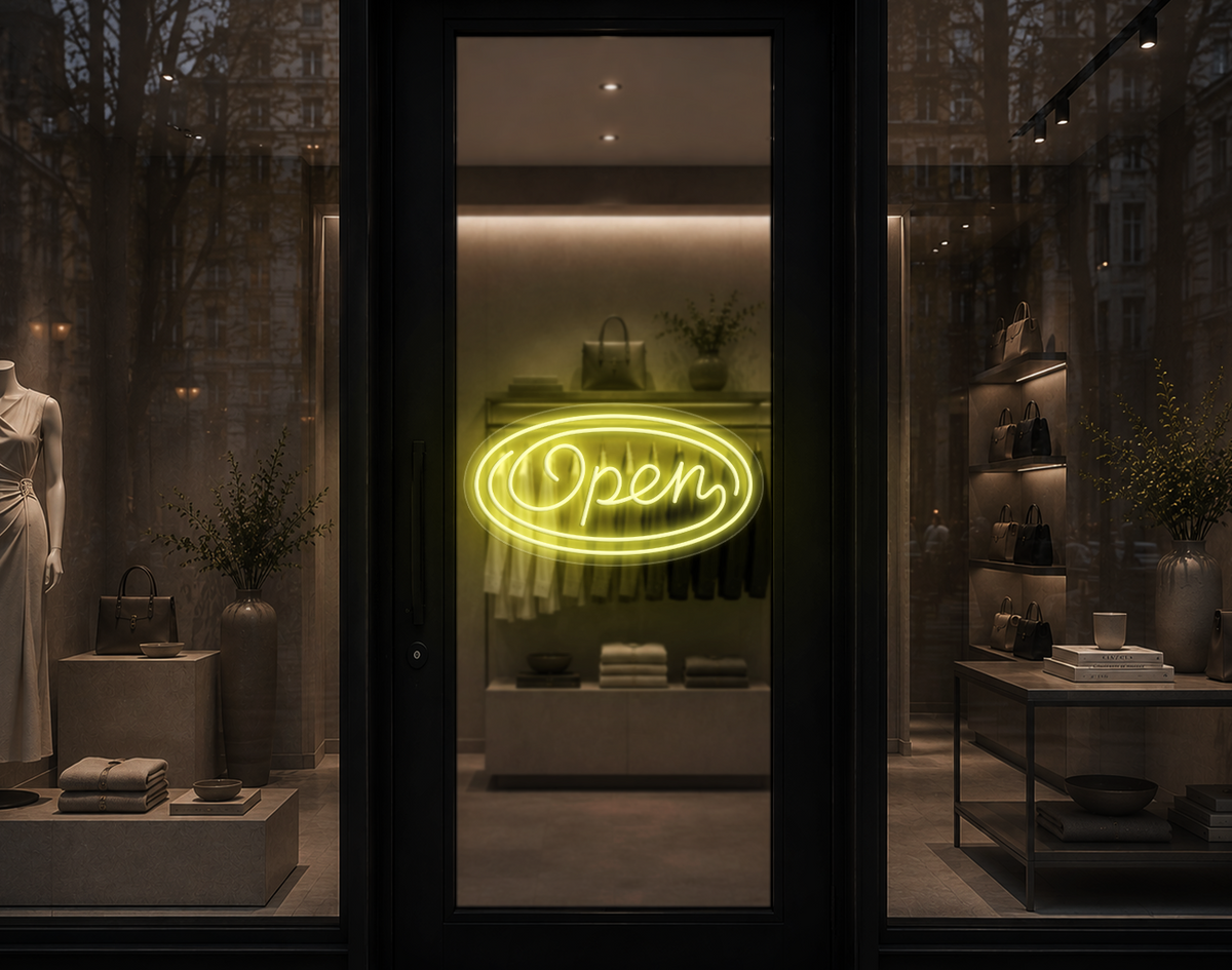 Monoline Script Badge Open LED Neon Sign - Buttercup Yellow