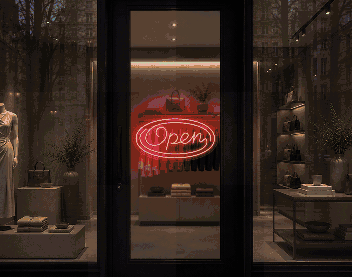 Monoline Script Badge Open LED Neon Sign - Full Colour Spectrum