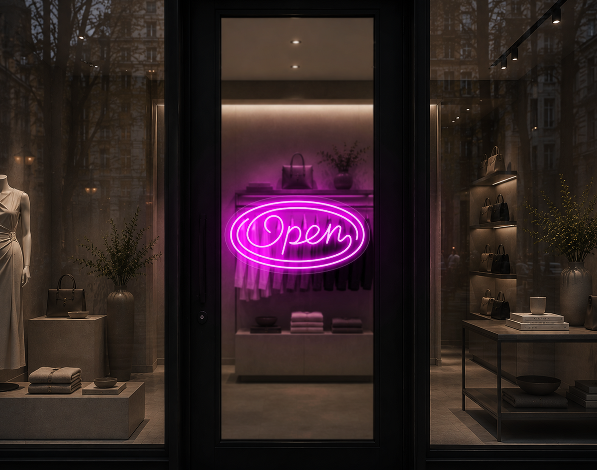 Monoline Script Badge Open LED Neon Sign - Hot Pink