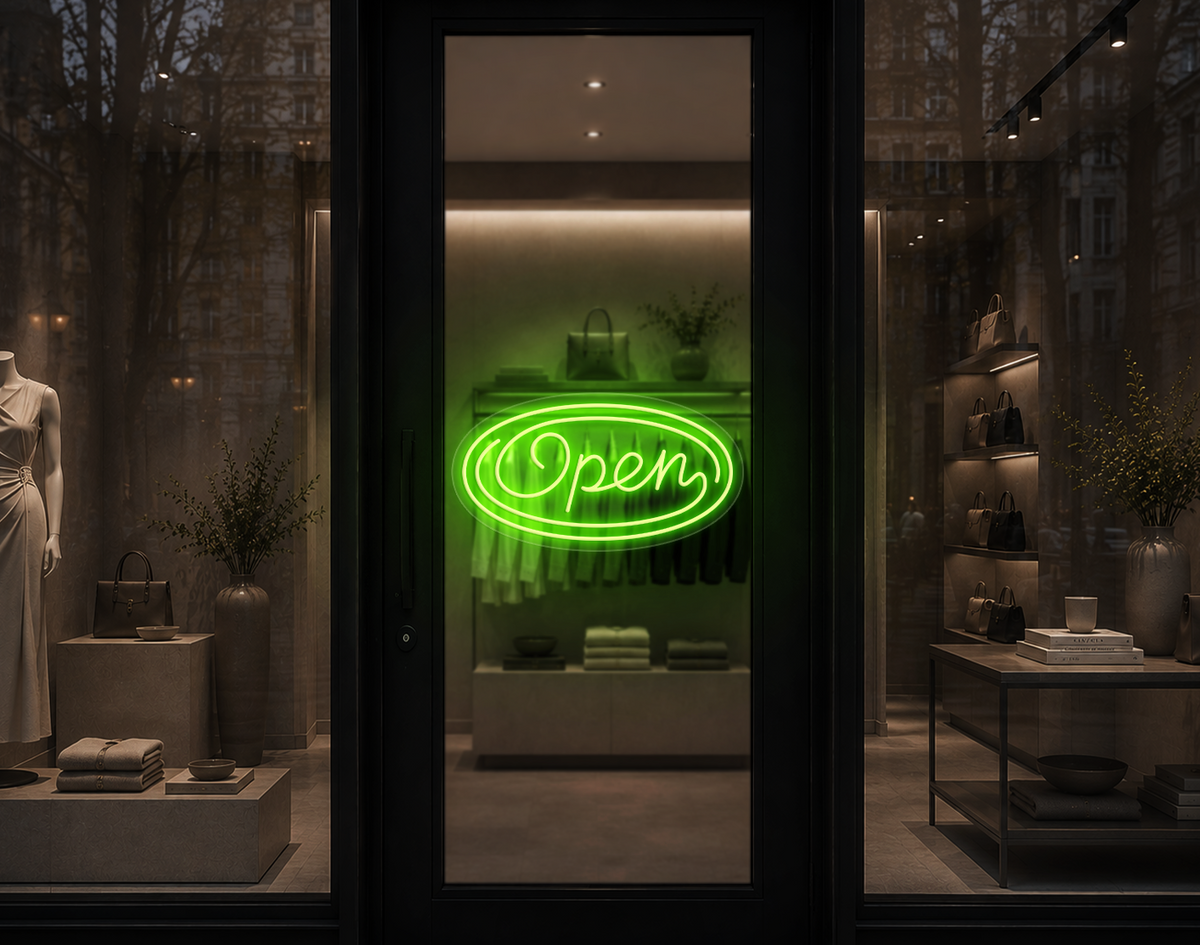 Monoline Script Badge Open LED Neon Sign - Lime