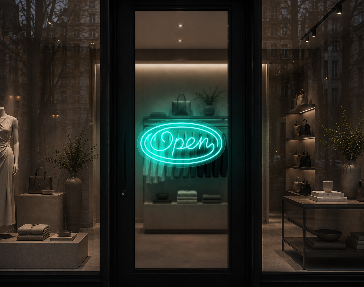 Monoline Script Badge Open LED Neon Sign - Turquoise