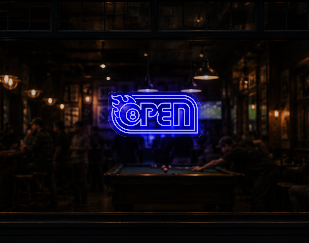 Retro Flame Badge Open LED Neon Sign - Dark Blue