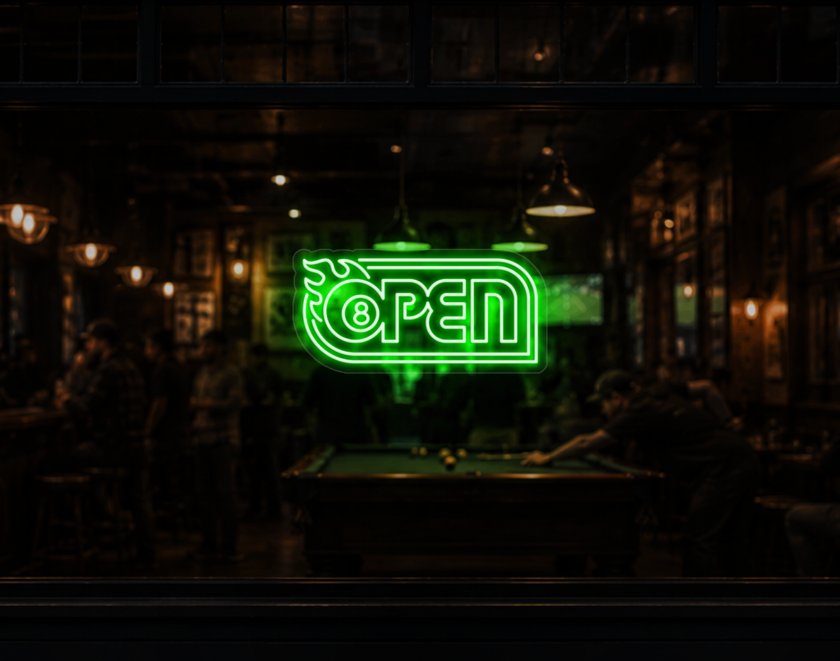 Retro Flame Badge Open LED Neon Sign - Green