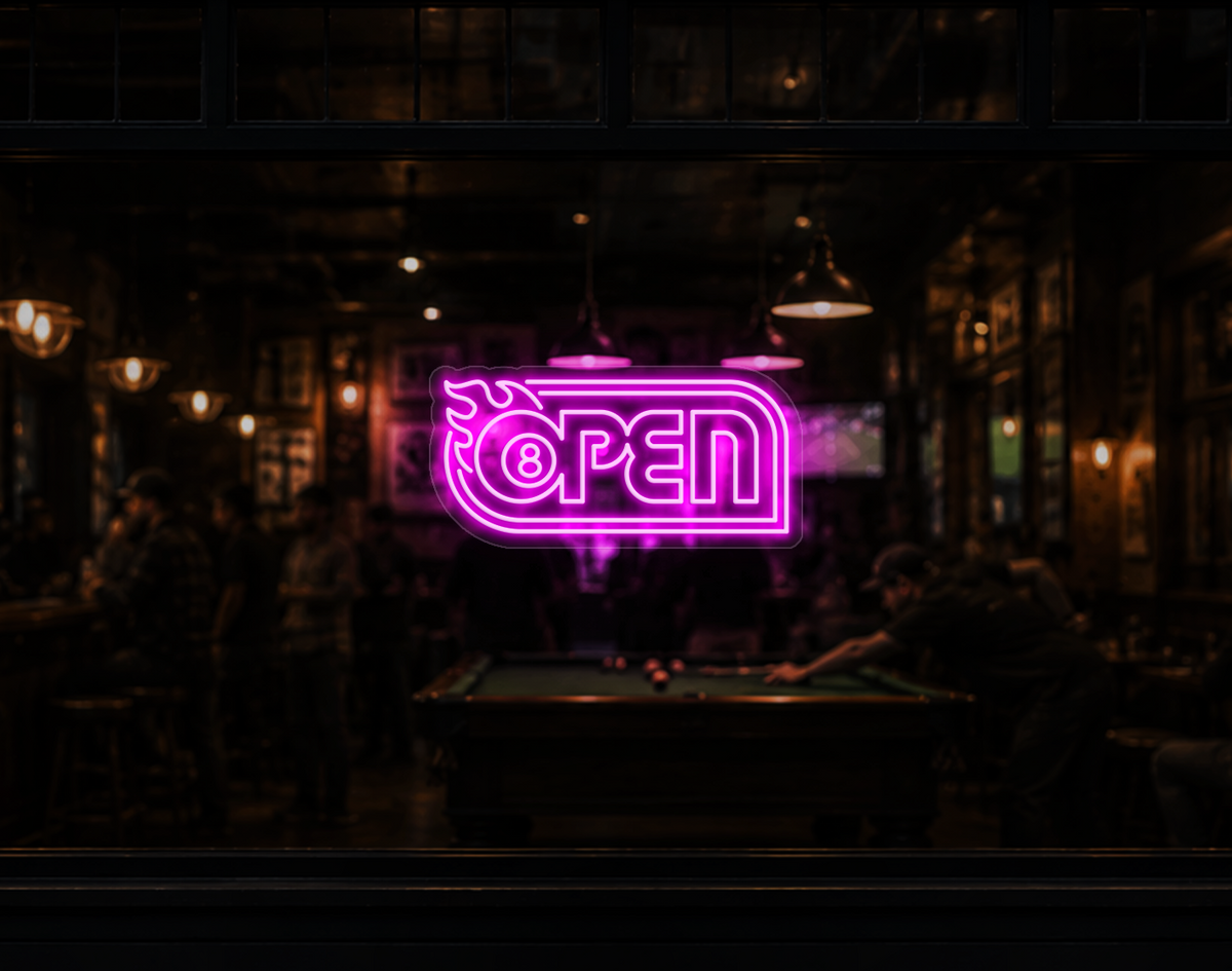 Retro Flame Badge Open LED Neon Sign - Hot Pink