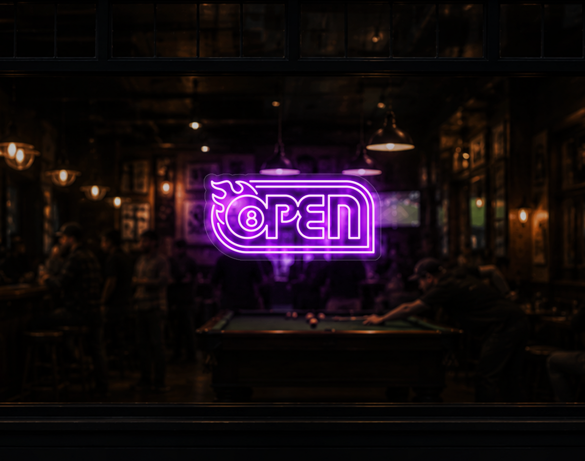 Retro Flame Badge Open LED Neon Sign - Lilac Purple